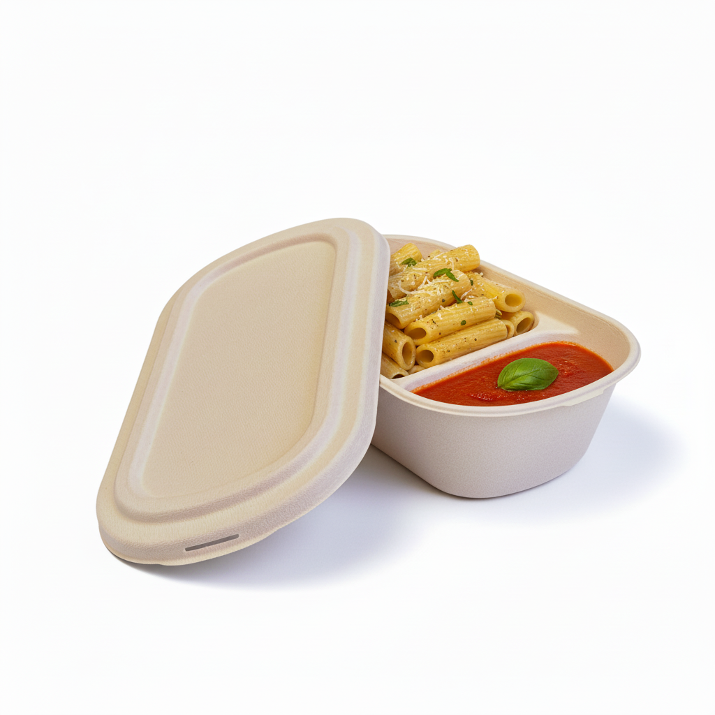 2-partition container with pasta and sauce