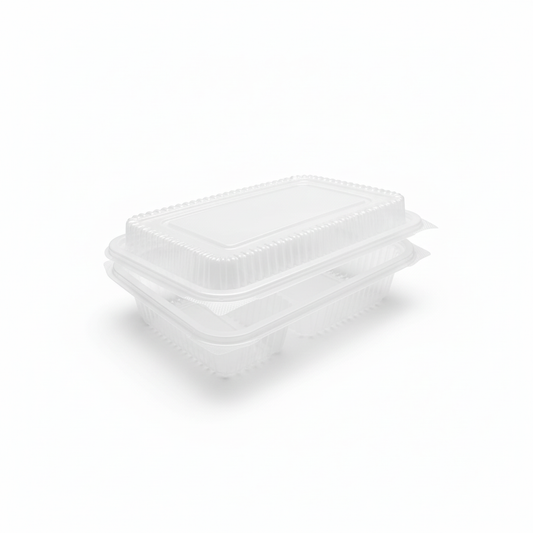 Brightened three-compartment lunch box with pure white background