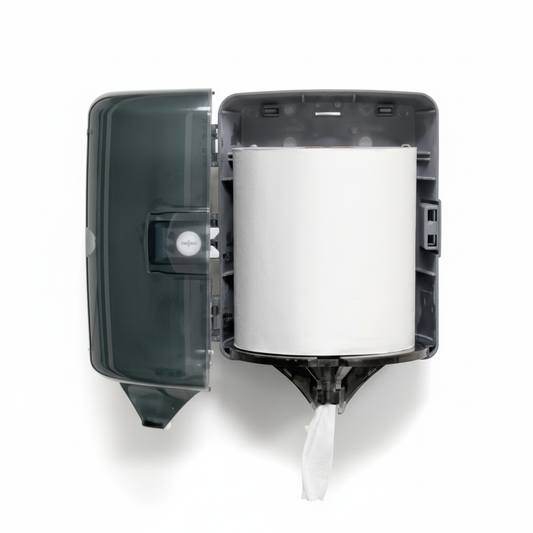 Center-pull jumbo toilet tissue dispenser with open cover