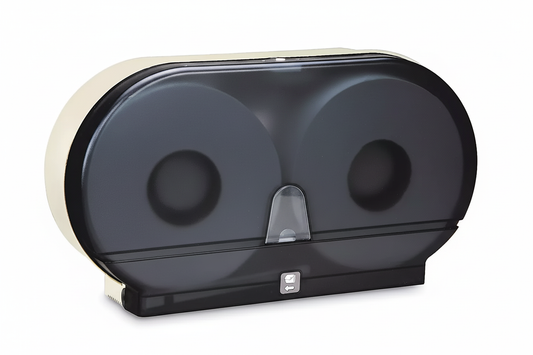 Double jumbo toilet roll dispenser with empty transparent window