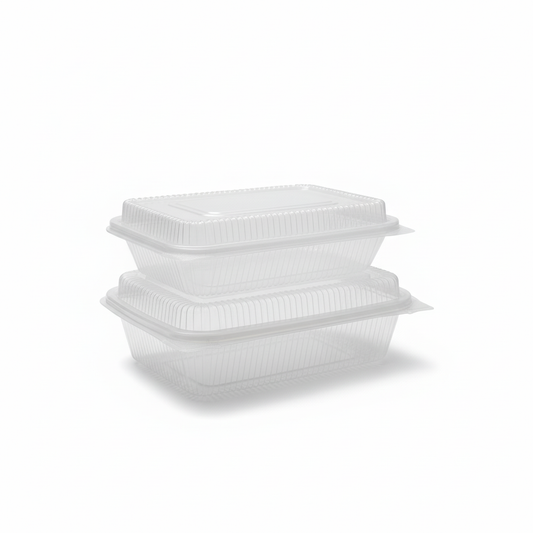 Two stacked clear clamshell lunch boxes with pure white background