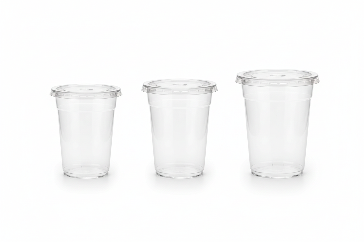 12 oz, 14 oz, and 16 oz transparent plastic cups with clear flat lids