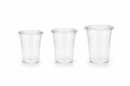 12 oz, 14 oz, and 16 oz transparent plastic cups with clear flat lids