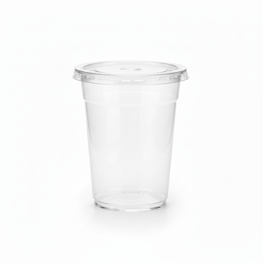 12 oz transparent plastic cup with clear flat lid