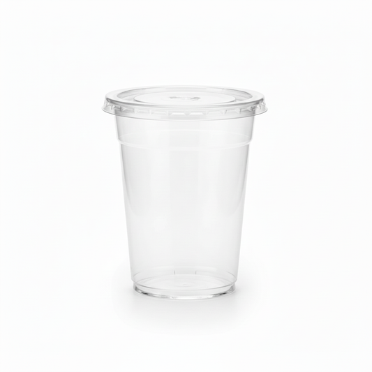 12 oz transparent plastic cup with clear flat lid
