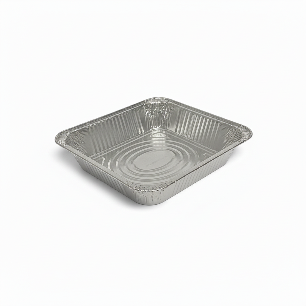 Aluminum container without lid on white background