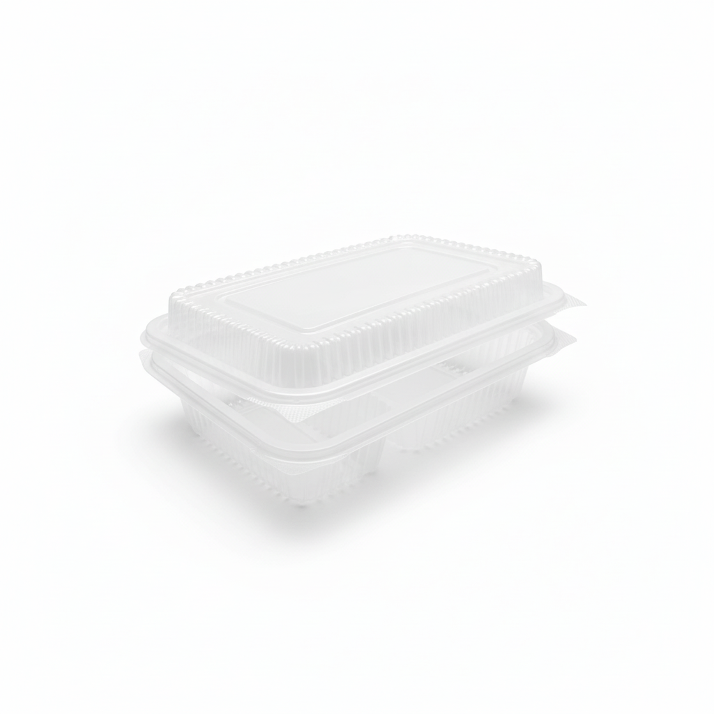 Brightened three-compartment lunch box with pure white background