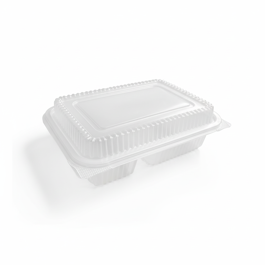 Brightened three-compartment lunch box with pure white background