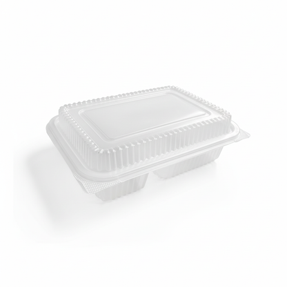 Brightened three-compartment lunch box with pure white background