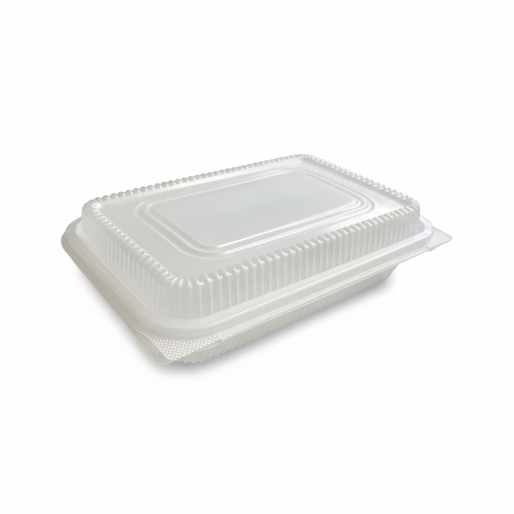 Clear clamshell lunch box brightened with pure white background