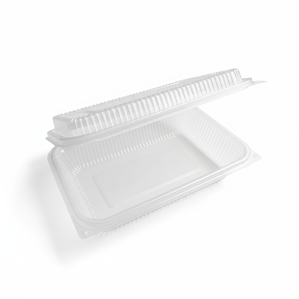 Clear clamshell lunch box with pure white background