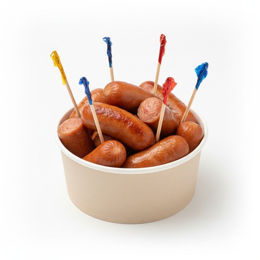 Cocktail sausages with decorative picks in paper bowl