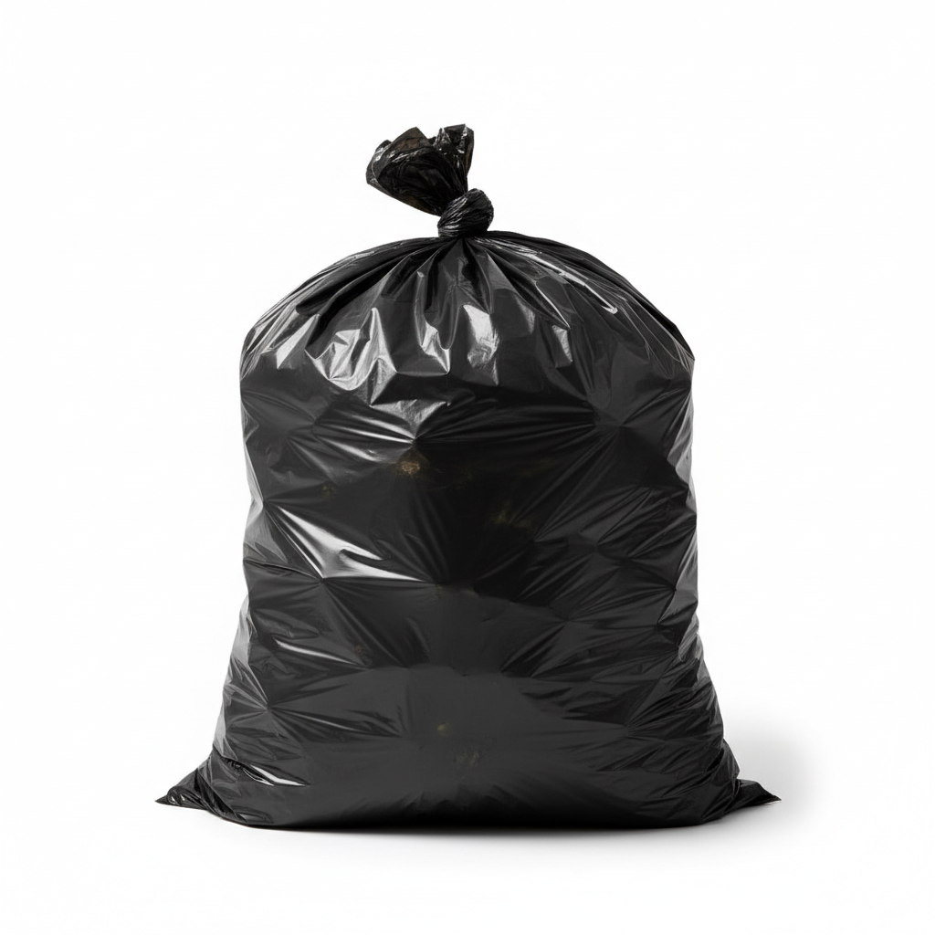 Completely opaque black garbage bag filled and tied