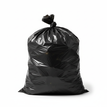 Completely opaque black garbage bag filled and tied