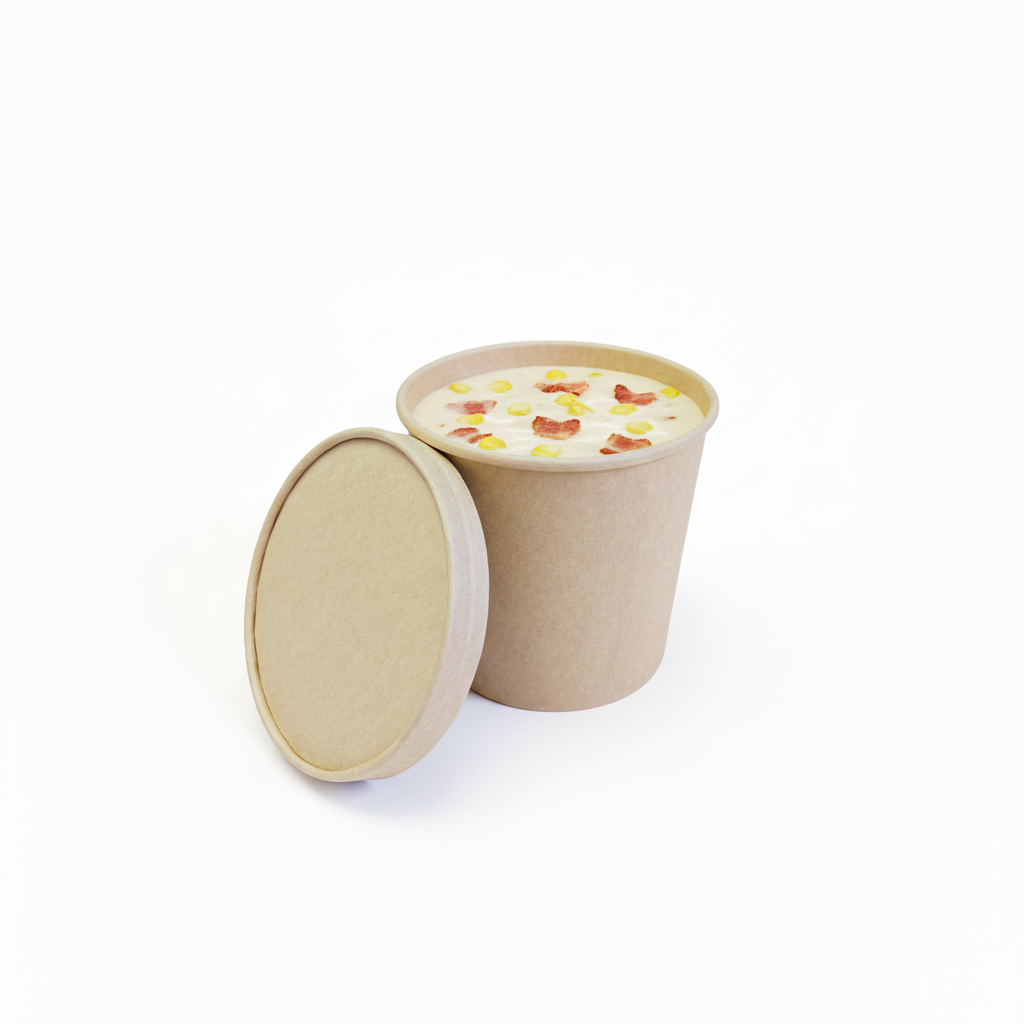 Container with cream of bacon and corn soup