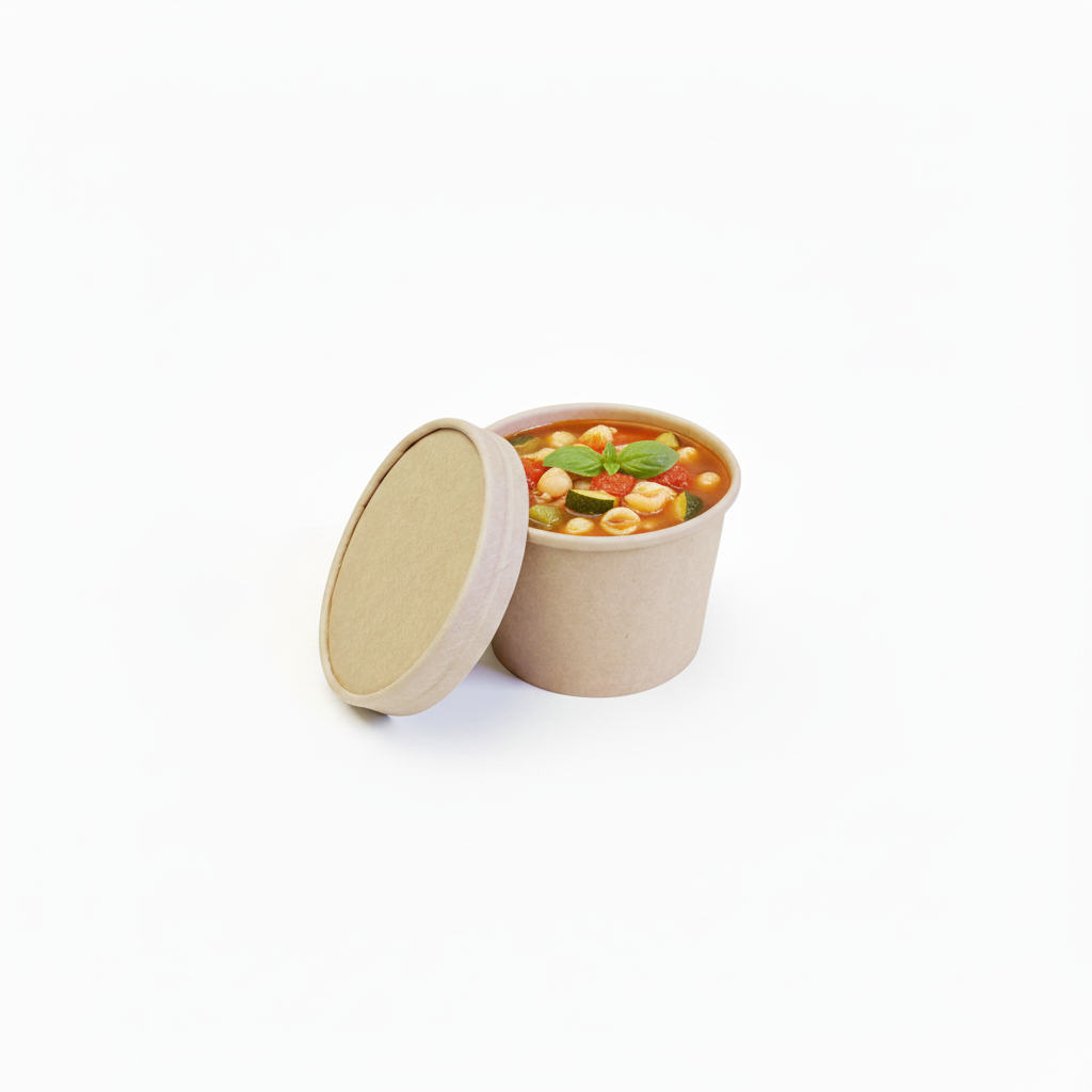 Container with soup and lid beside