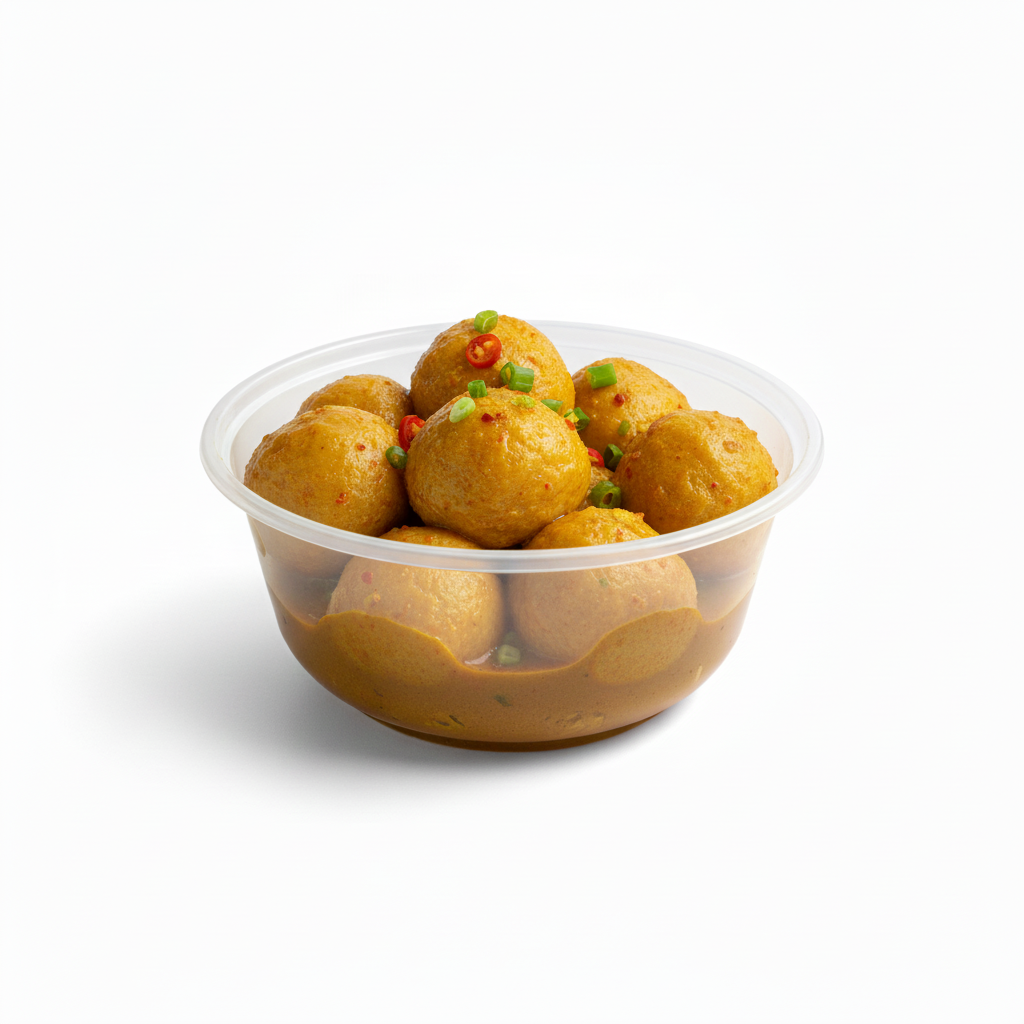 Curry fish balls in plastic takeout bowl without toothpicks