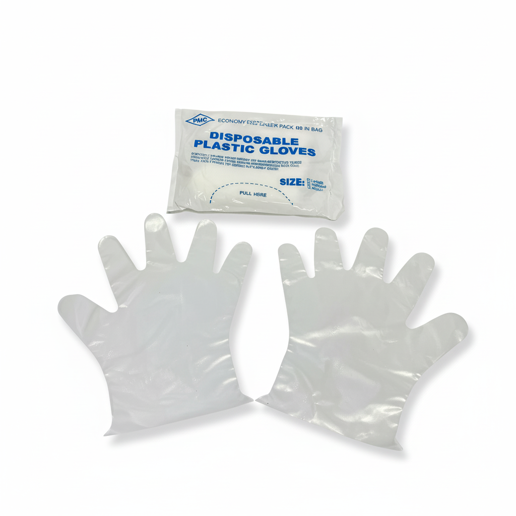 Disposable plastic gloves with white background and professional lighting