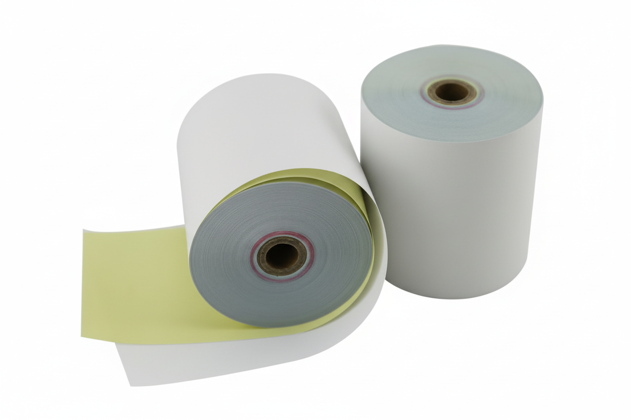 Enhanced multi-part carbonless receipt paper rolls with ECOSE white background