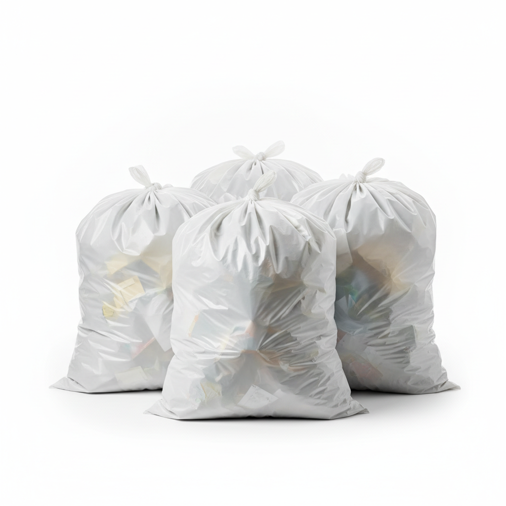 Filled white garbage bags without black ribbons