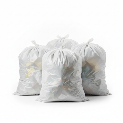 Filled white garbage bags without black ribbons
