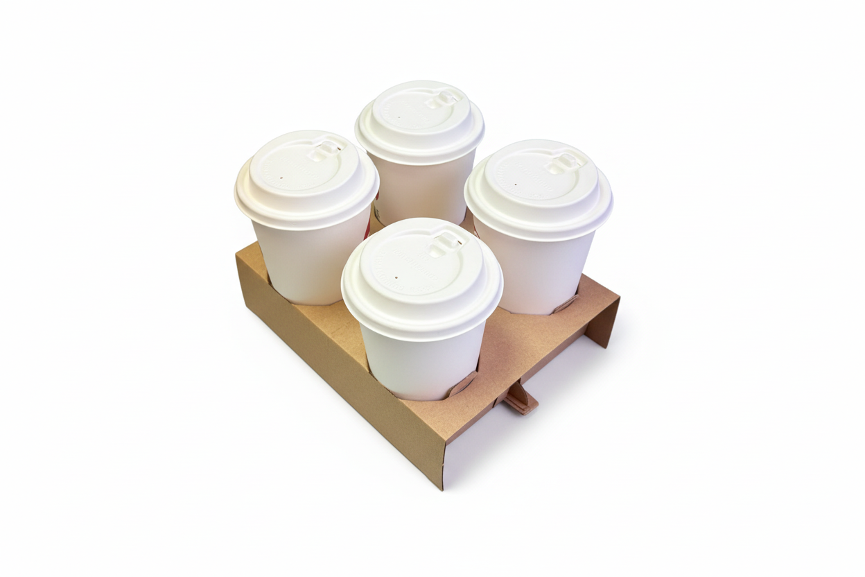 Four white coffee cups in carrier
