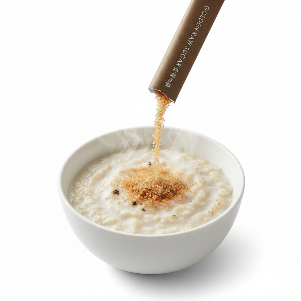 Golden raw sugar packet pouring into oatmeal