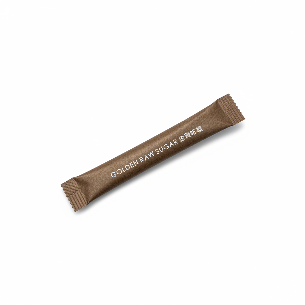 Golden raw sugar packet with original diagonal orientation