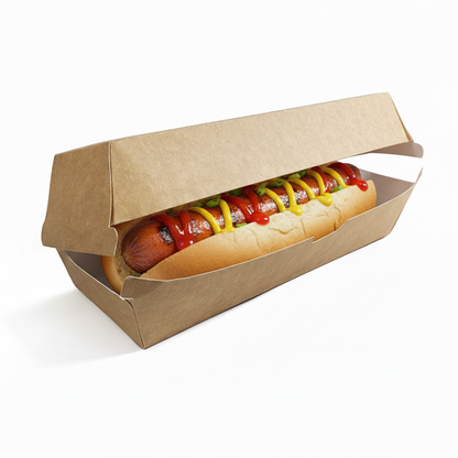 Hot dog box angled with delicious hot dog inside