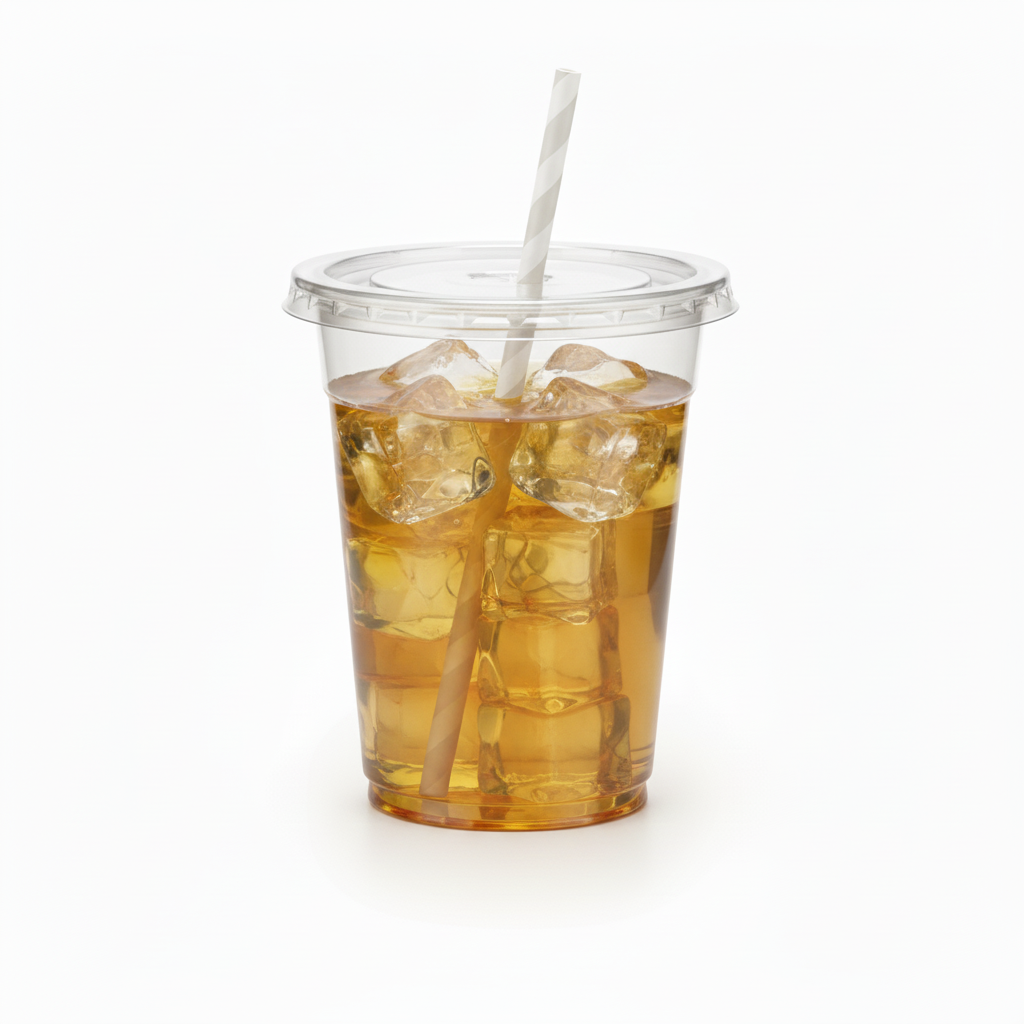Iced apple juice in transparent plastic cup with white paper straw