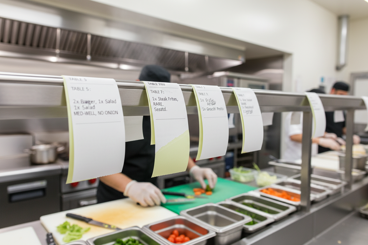 Kitchen order tickets in restaurant kitchen