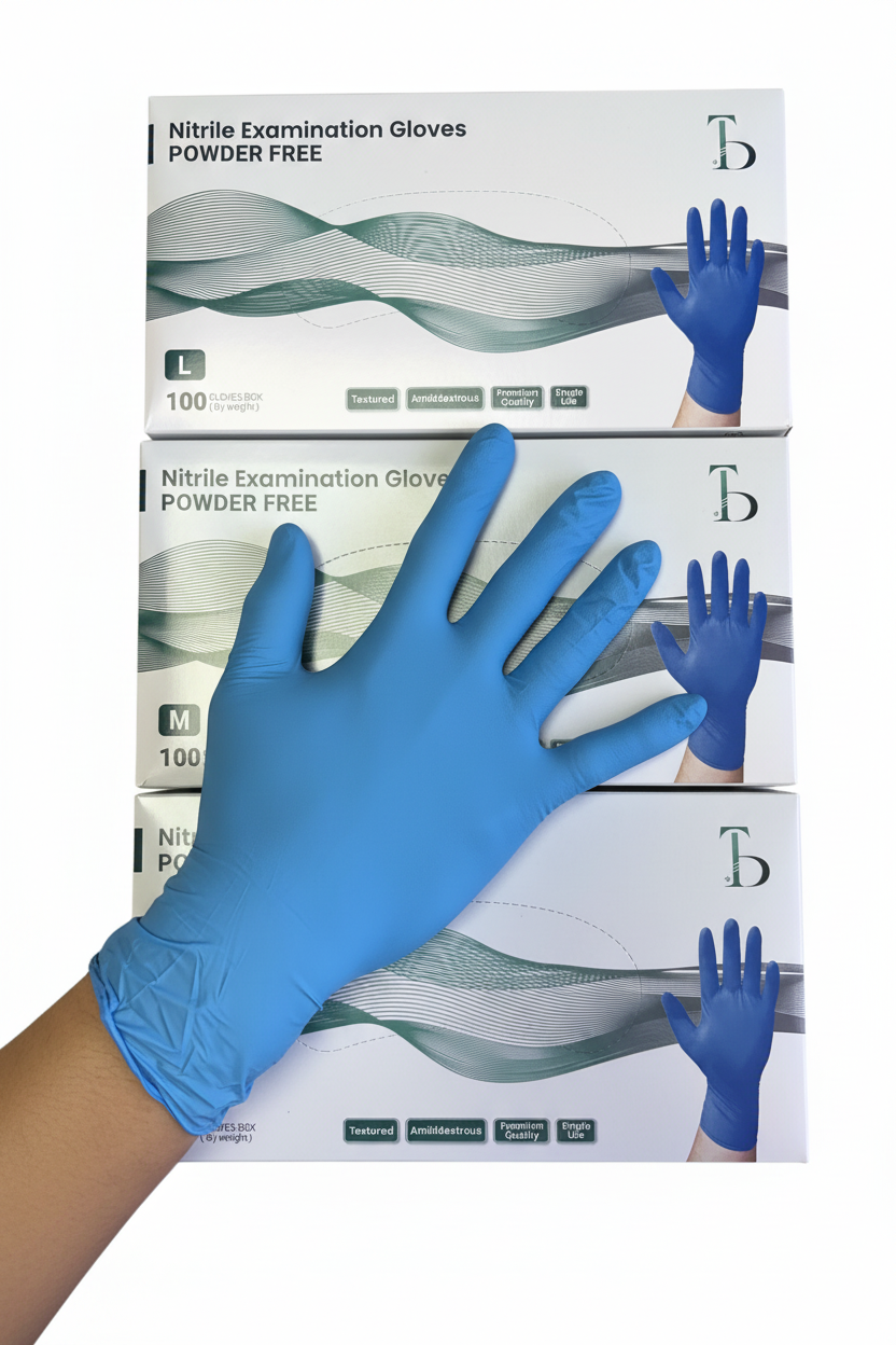 Nitrile glove with product boxes on white background