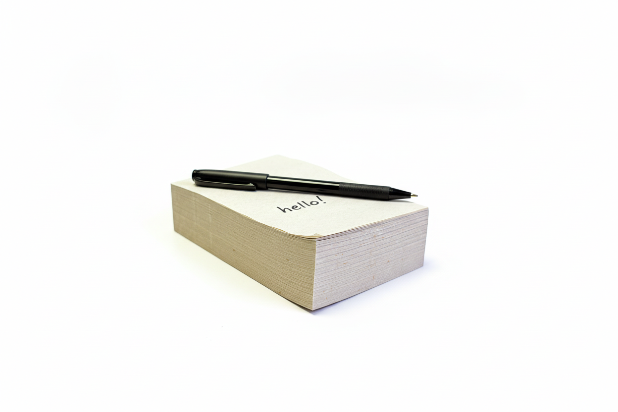 Notepad with pen and hello message