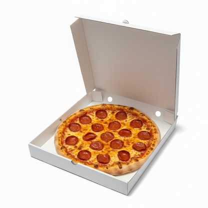 Plain white pizza box with pepperoni pizza