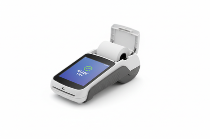 Receipt paper being loaded horizontally into touchscreen credit card terminal