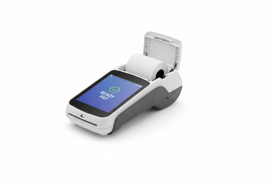 Receipt paper being loaded horizontally into touchscreen credit card terminal