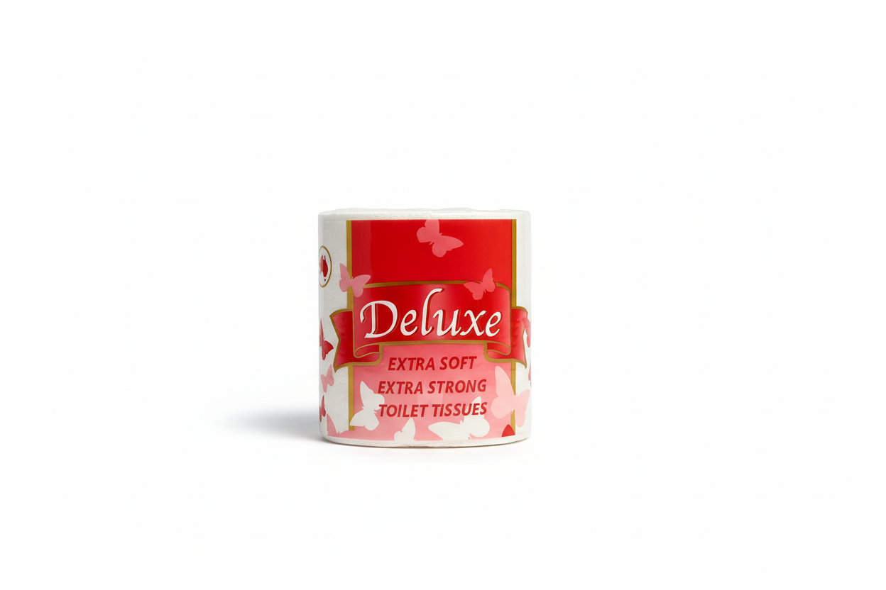 Single Deluxe toilet tissue roll with white background