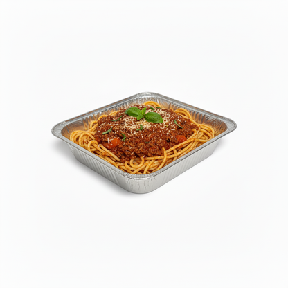Spaghetti bolognese in aluminum tray