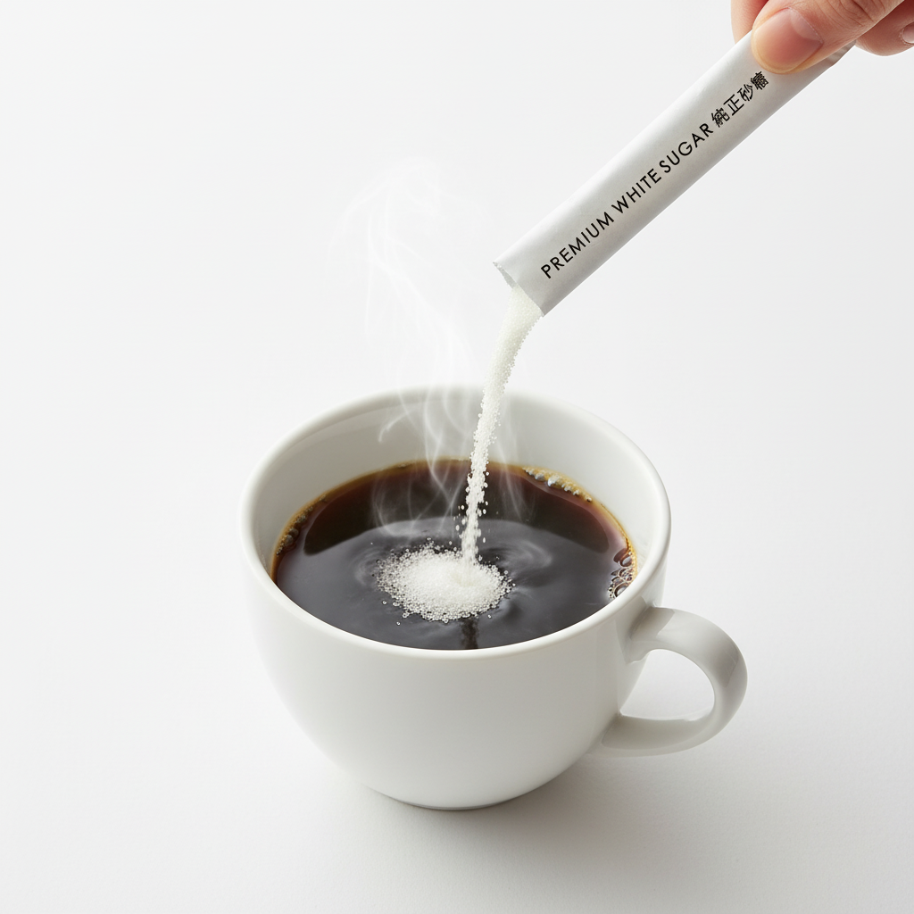 Sugar packet pouring from right edge into coffee