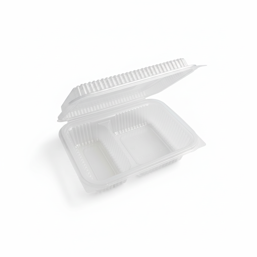 Three-compartment lunch box with pure white background