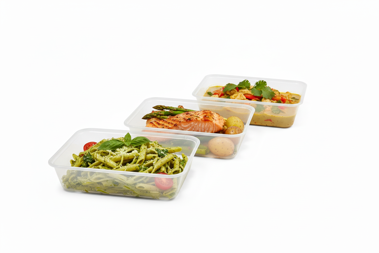 Three separated containers with food
