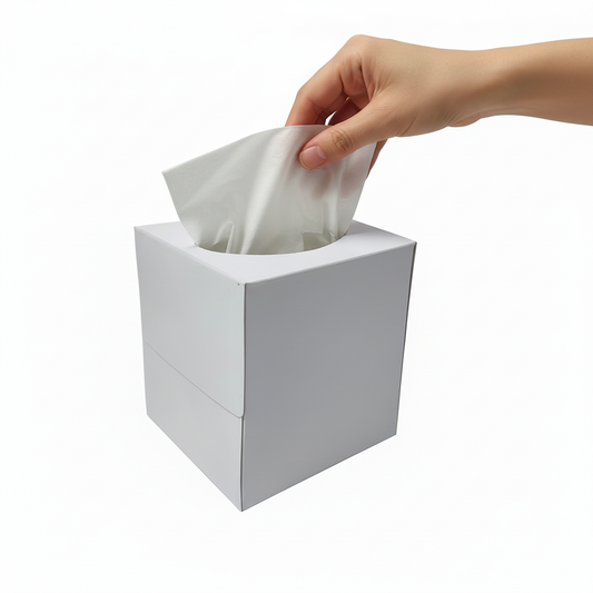 Tissue box with hand pulling tissue
