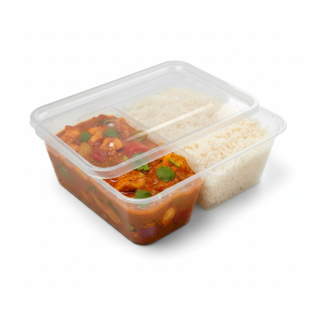 Two-compartment container with curry and rice