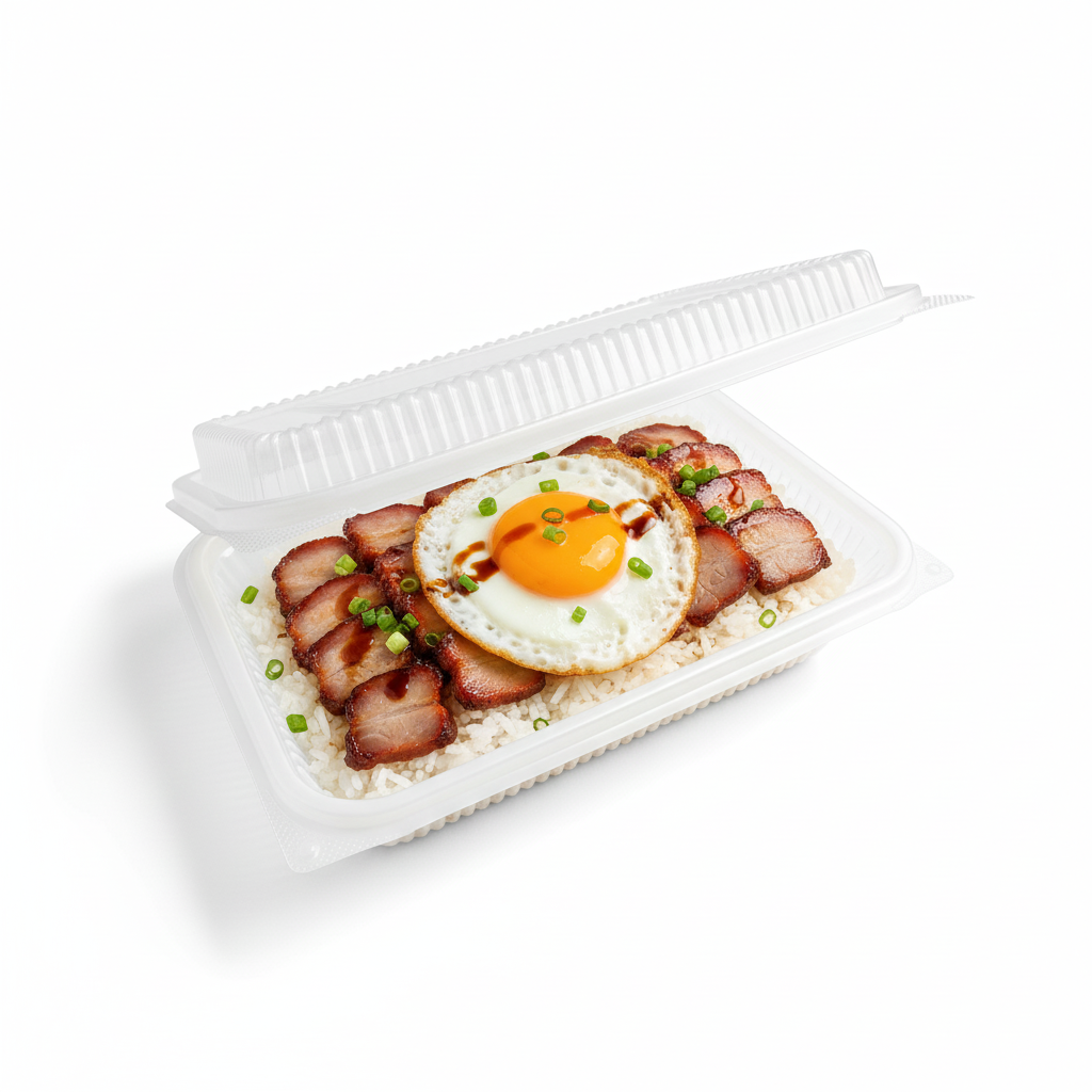 White clamshell lunch box with char siu and egg rice
