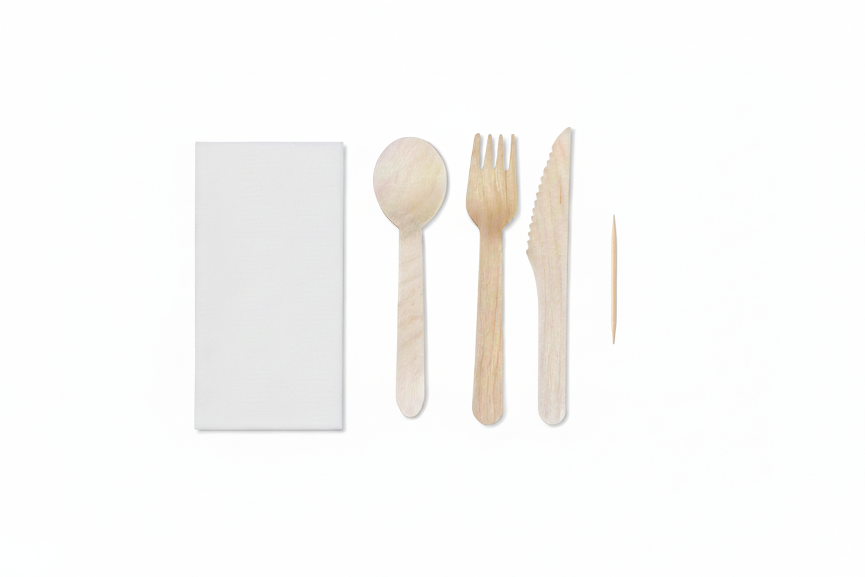 Wooden cutlery set with ultra-white background